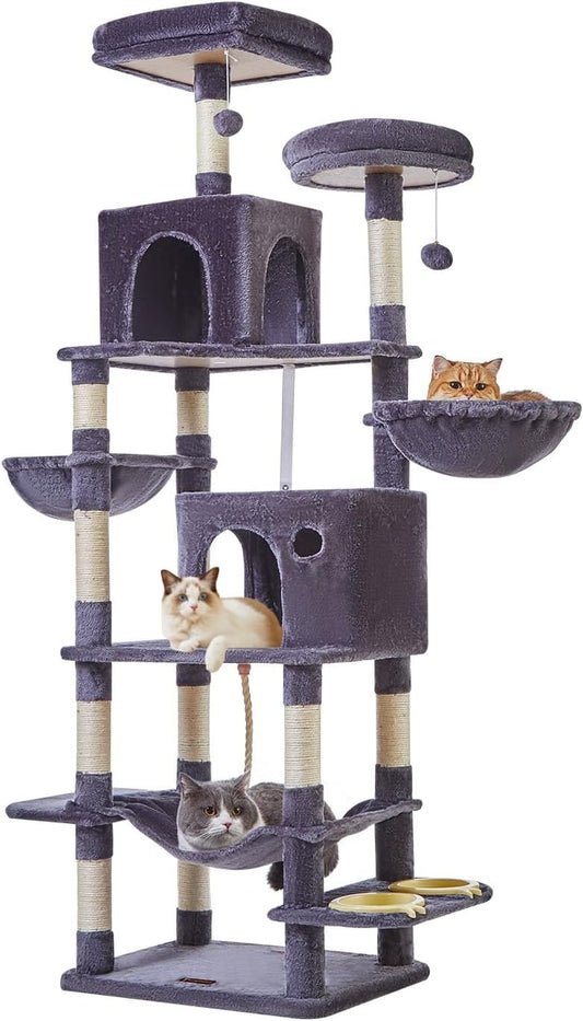 Cat Tree, 76-Inch Cat Tower for Indoor Cats, Plush Multi-Level Cat Condo with 12 Scratching Posts, 2 Perches, 2 Caves, Hammock, 2 Pompoms, Smoky Gray, MS016G