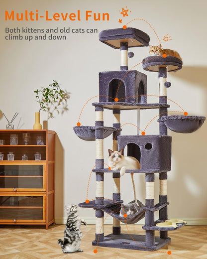 Cat Tree, 76-Inch Cat Tower for Indoor Cats, Plush Multi-Level Cat Condo with 12 Scratching Posts, 2 Perches, 2 Caves, Hammock, 2 Pompoms, Smoky Gray, MS016G