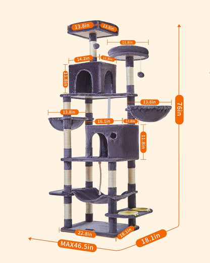 Cat Tree, 76-Inch Cat Tower for Indoor Cats, Plush Multi-Level Cat Condo with 12 Scratching Posts, 2 Perches, 2 Caves, Hammock, 2 Pompoms, Smoky Gray, MS016G