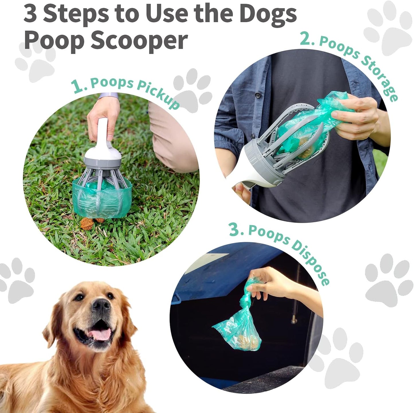 Dog Pooper Scooper, Portable 2-In-1 No Touch Poop Scooper for Small Medium Large Dogs, Claw Wide 6.2'' Dog Waste Pick-Up Cleaner with 75PCS Bag Attachment and Leak-Proof Waste Storage Container