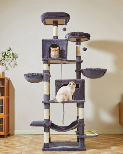 Cat Tree, 76-Inch Cat Tower for Indoor Cats, Plush Multi-Level Cat Condo with 12 Scratching Posts, 2 Perches, 2 Caves, Hammock, 2 Pompoms, Smoky Gray, MS016G