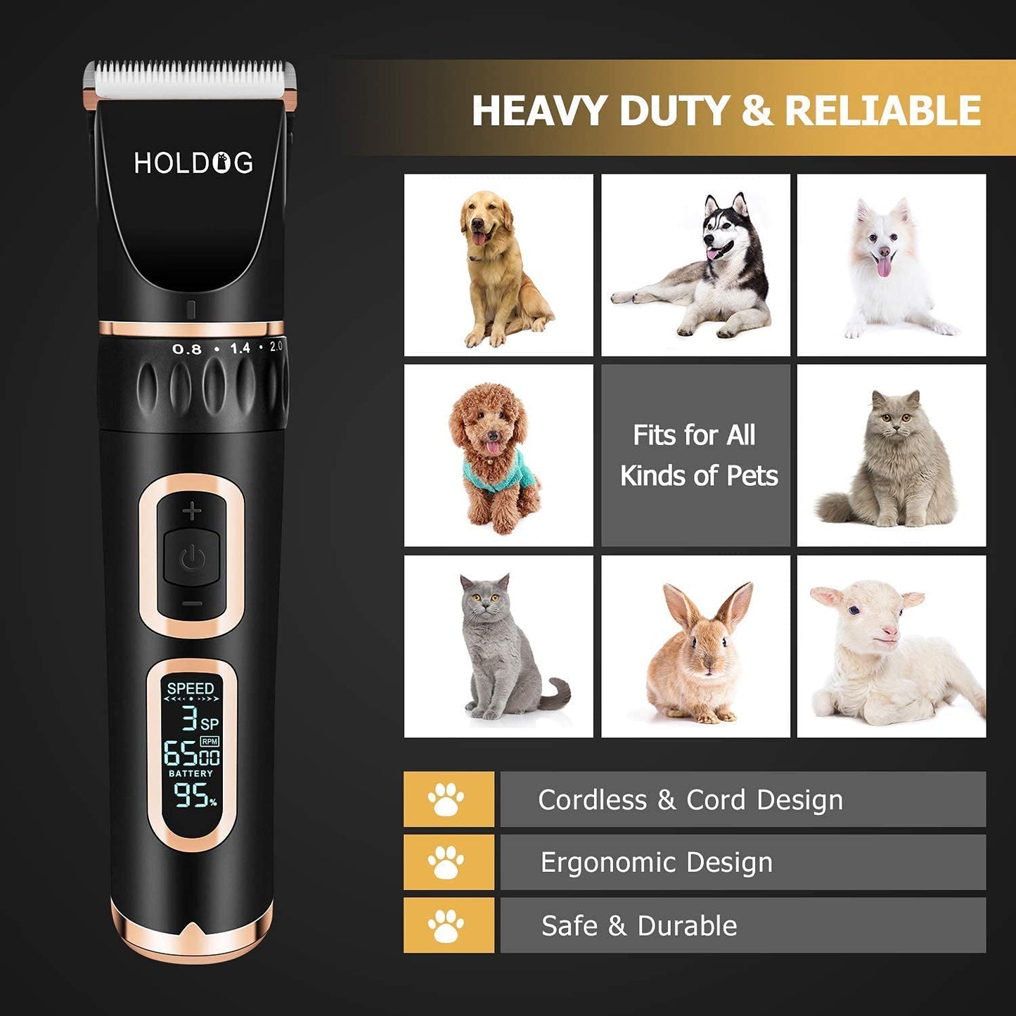 Dog Clippers Professional Heavy Duty Grooming Clipper 3-Speed Low Noise High Power Rechargeable Cordless Pet Tools for Small & Large Dogs Cats Pets with Thick Coats