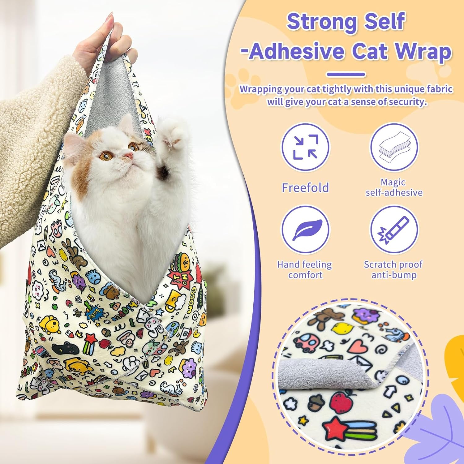 Cat Wrap for Clipping Nails, Self Adherent Soft Cat Grooming Wrap to Prevent Cats from Biting and Scratching People, Cat Restraint Wrap for Medicine Nail Clipping Ear Cleaning Teeth Brushing(Large)