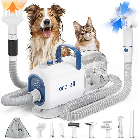 Dog Vacuum & Dryer for Shedding Grooming, 8 in 1 Dog Grooming Kit with Metal Blades Pet Clippers, Adjustable Speed and Temperature Control Dog Blower