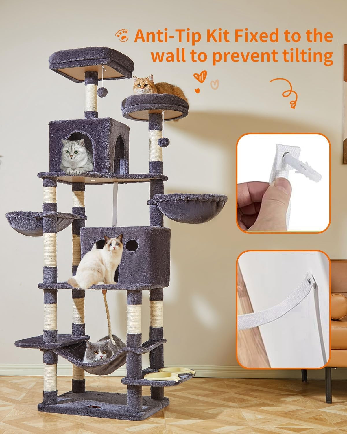 Cat Tree, 76-Inch Cat Tower for Indoor Cats, Plush Multi-Level Cat Condo with 12 Scratching Posts, 2 Perches, 2 Caves, Hammock, 2 Pompoms, Smoky Gray, MS016G