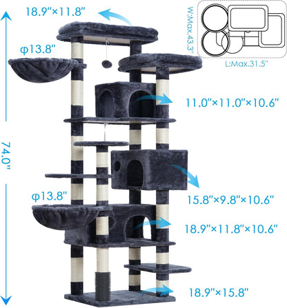 Cat Tree, 74 Inches Multi-Level XL Large Cat Tower for Indoor Cats with Three Cat Condos, Two Large Top Decks and Cat Hairbrushfor Kittens, Cats and Pets, Smoky Gray MPJ035-MG