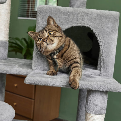 46.5 Inches Cat Tree Multi-Level Cat Tower with Sisal-Covered Scratching Posts, Plush Perches, Hammock and Condo for Cats Light Gray