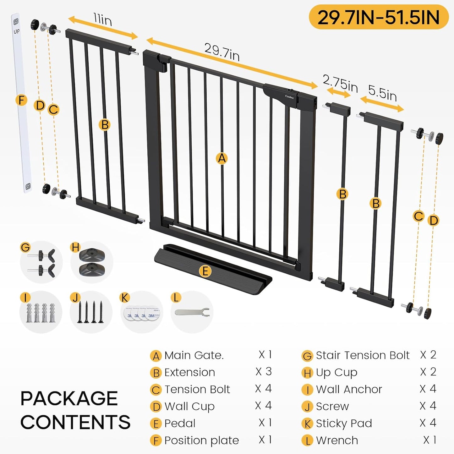 29.7-51.5" Baby Gate Extra Wide, Safety Dog Gate for Stairs Easy Walk Thru Auto Close Pet Gates for the House, Doorways, Child Gate Includes 4 Wall Cups, Black-Mom'S Choice Awards Winner