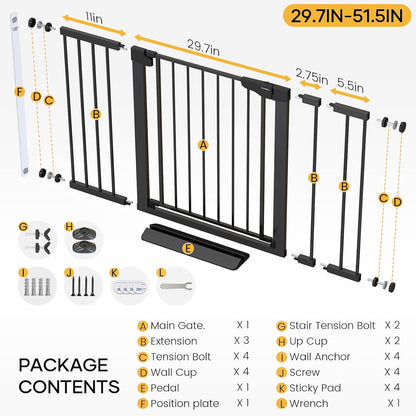 29.7-51.5" Baby Gate Extra Wide, Safety Dog Gate for Stairs Easy Walk Thru Auto Close Pet Gates for the House, Doorways, Child Gate Includes 4 Wall Cups, Black-Mom'S Choice Awards Winner