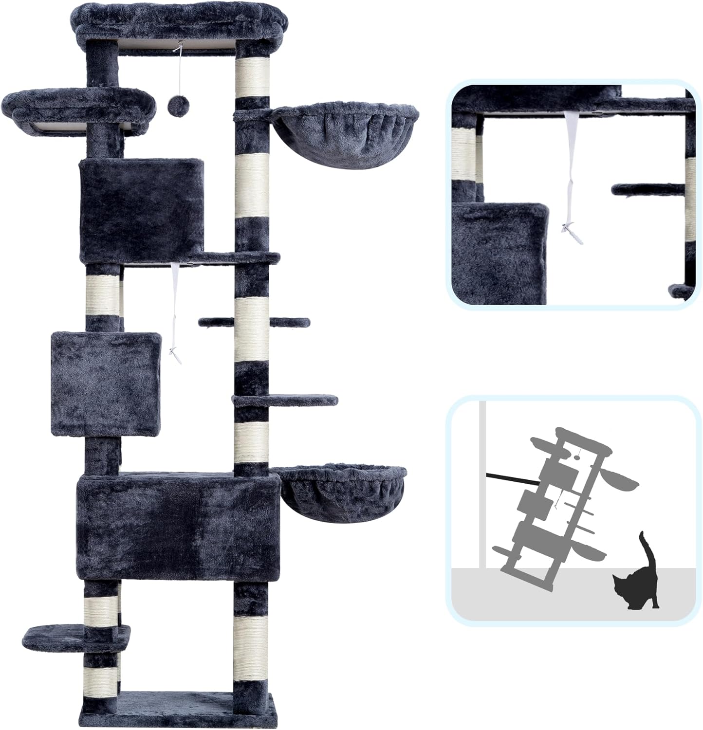 Cat Tree, 74 Inches Multi-Level XL Large Cat Tower for Indoor Cats with Three Cat Condos, Two Large Top Decks and Cat Hairbrushfor Kittens, Cats and Pets, Smoky Gray MPJ035-MG