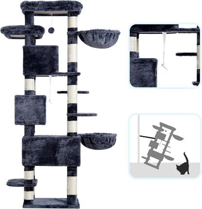 Cat Tree, 74 Inches Multi-Level XL Large Cat Tower for Indoor Cats with Three Cat Condos, Two Large Top Decks and Cat Hairbrushfor Kittens, Cats and Pets, Smoky Gray MPJ035-MG