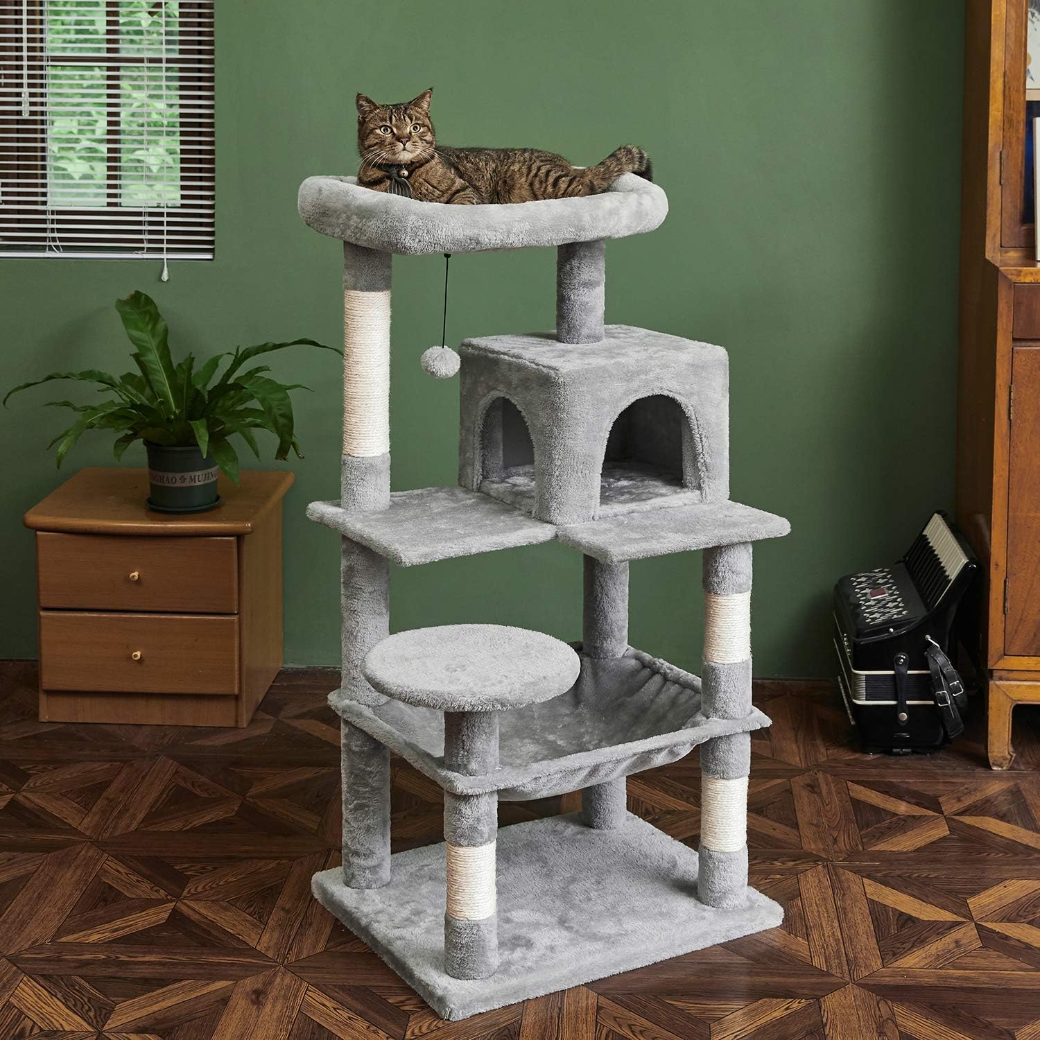 46.5 Inches Cat Tree Multi-Level Cat Tower with Sisal-Covered Scratching Posts, Plush Perches, Hammock and Condo for Cats Light Gray