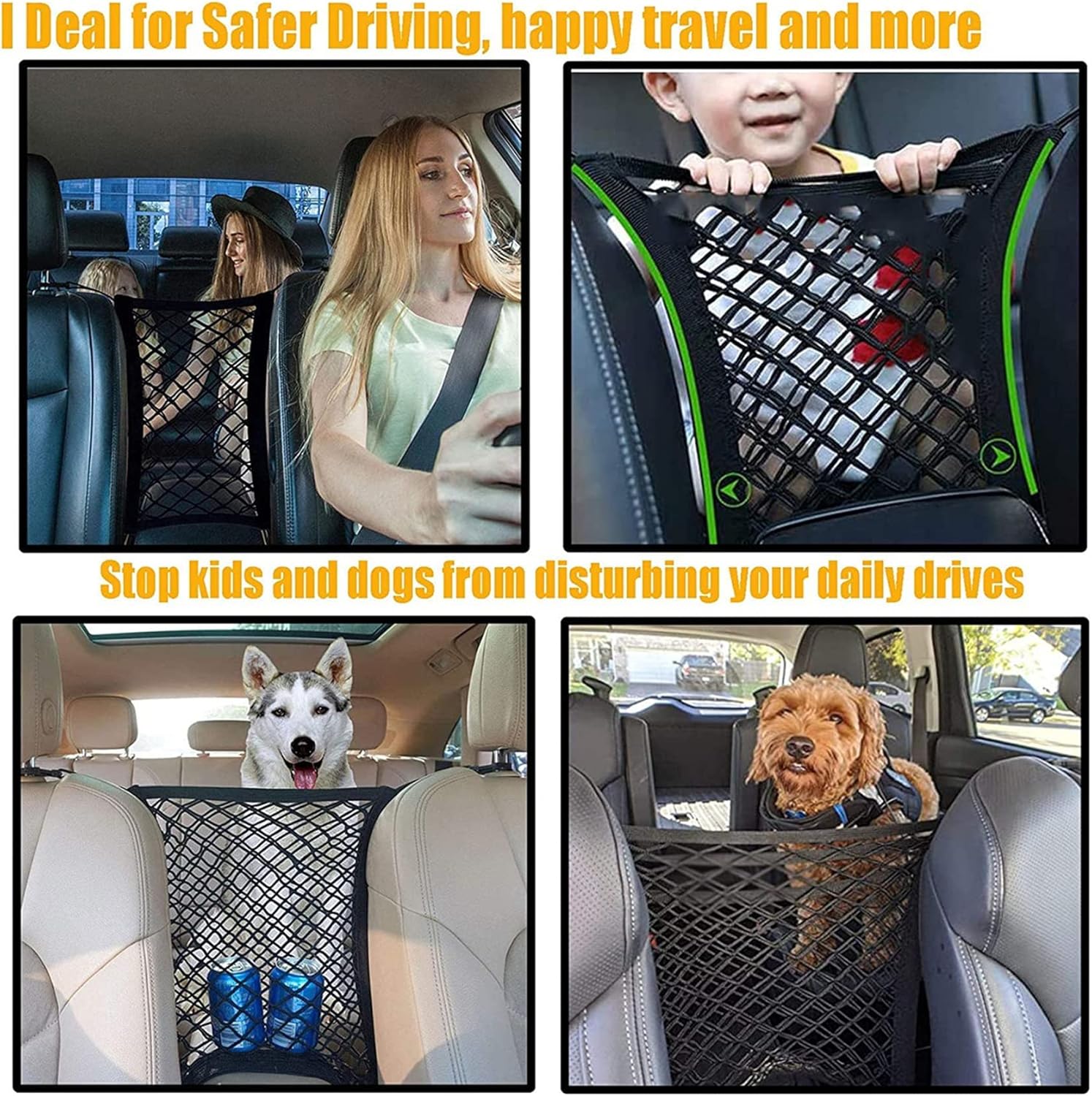 Dog Car Net Barrier Pet Barrier with Auto Safety Mesh Organizer Baby Stretchable Storage Bag Universal for Cars, Suvs -Easy Install, Car Divider for Driving Safely with Children & Pets