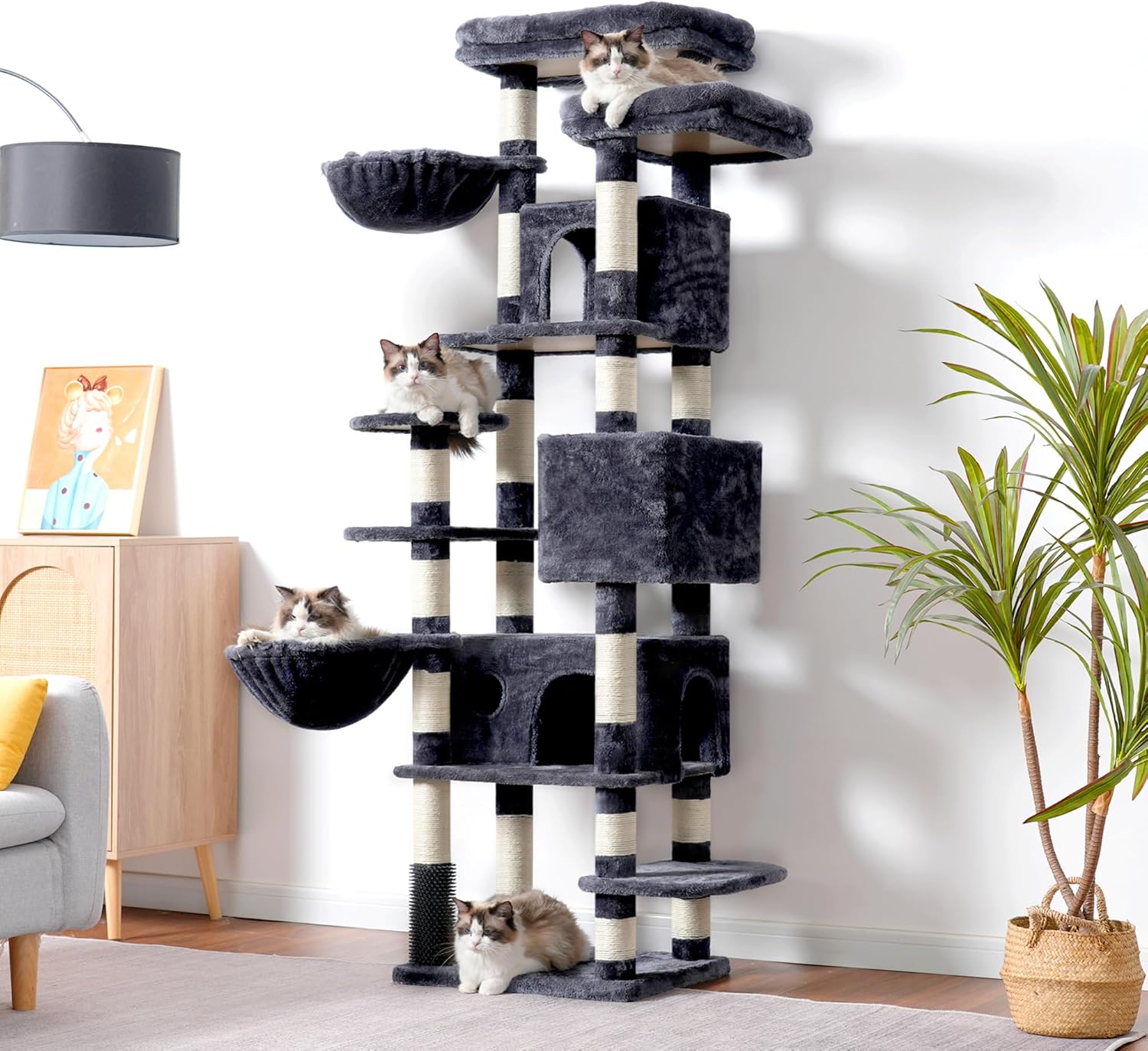 Cat Tree, 74 Inches Multi-Level XL Large Cat Tower for Indoor Cats with Three Cat Condos, Two Large Top Decks and Cat Hairbrushfor Kittens, Cats and Pets, Smoky Gray MPJ035-MG