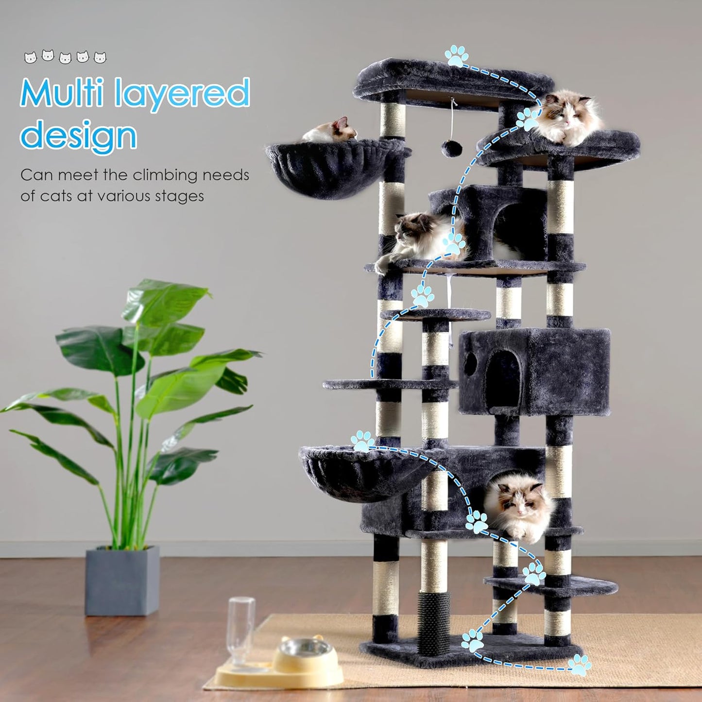 Cat Tree, 74 Inches Multi-Level XL Large Cat Tower for Indoor Cats with Three Cat Condos, Two Large Top Decks and Cat Hairbrushfor Kittens, Cats and Pets, Smoky Gray MPJ035-MG