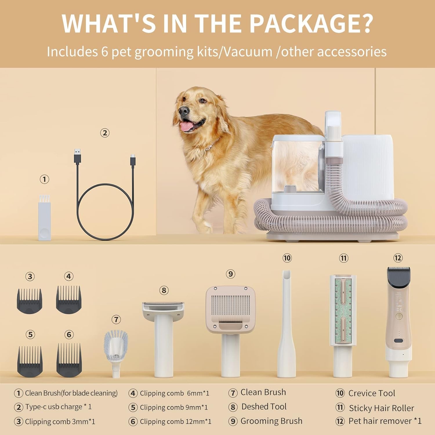 P17 Dog Grooming Kit 400W, 6-In-1 Function, 3 Speed Settings, for Pet Grooming, Shaving, and Vacuuming, Quiet Design for Trimming Cat and Dog Hair, Vacuum Suction Removes 99% of Pet Hair