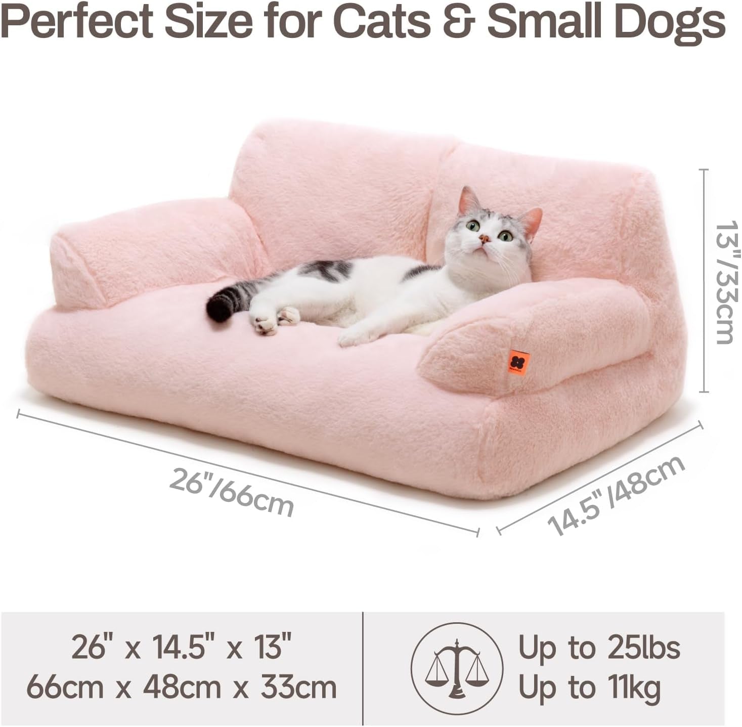 Pet Couch Bed, Washable Cat Beds for Medium Small Dogs & Cats up to 25 Lbs, Dog Beds with Non-Slip Bottom, Fluffy Cat Couch, 26×19×13 Inch