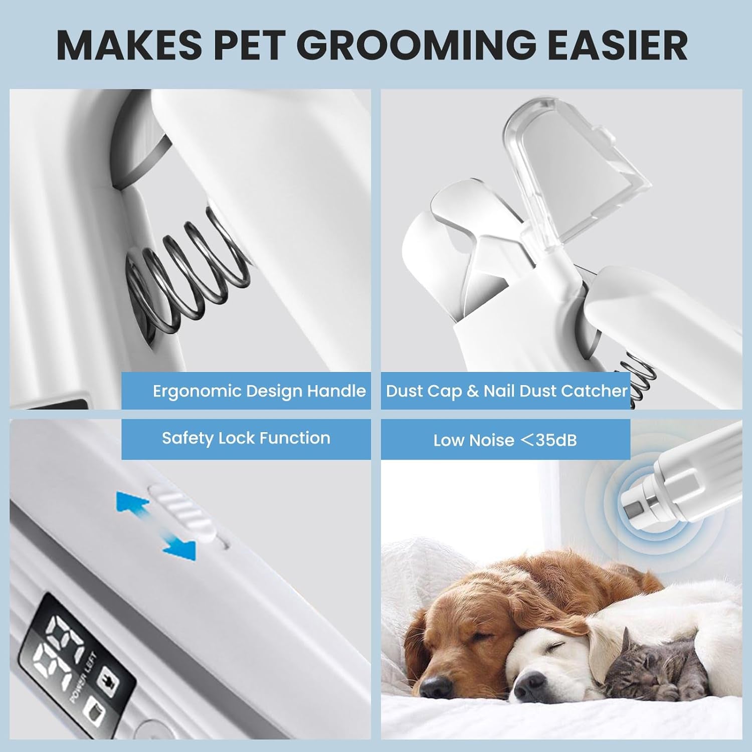 2-In-1 Dog Nail Clippers Dog Nail Grinder Electric Pet Nail Trimmers with 2 LED Lights, Cordless Pet Nail Clippers Battery Rechargeable Quiet Pet Nail Grinder for Dogs, Cats, Large Dogs