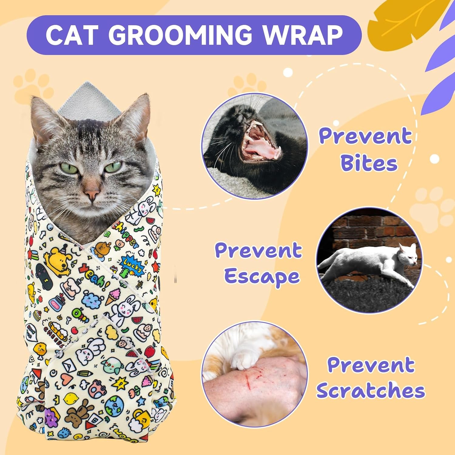 Cat Wrap for Clipping Nails, Self Adherent Soft Cat Grooming Wrap to Prevent Cats from Biting and Scratching People, Cat Restraint Wrap for Medicine Nail Clipping Ear Cleaning Teeth Brushing(Large)