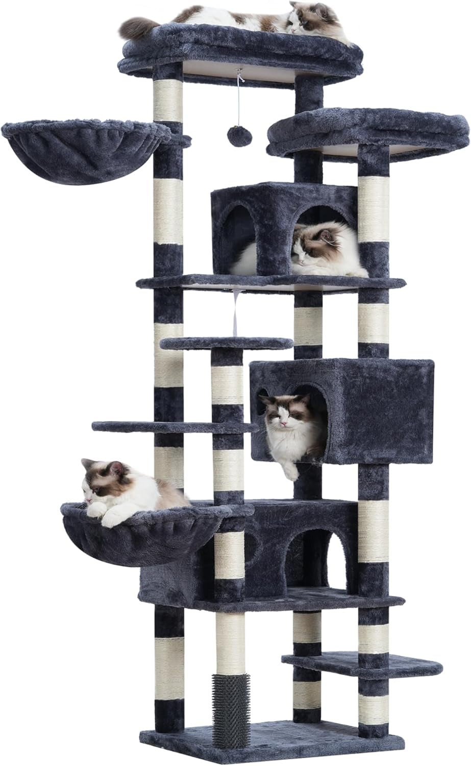 Cat Tree, 74 Inches Multi-Level XL Large Cat Tower for Indoor Cats with Three Cat Condos, Two Large Top Decks and Cat Hairbrushfor Kittens, Cats and Pets, Smoky Gray MPJ035-MG