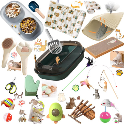 Cat Stuff Cat Starter Kit for Indoor Cats,19 Pieces Set of Kitten Essentials Starter Kit.Includes Cat Litter Box,Toys,Bowls,Grooming Tools and More.Perfect Welcome Home Gift for Your New Kitty