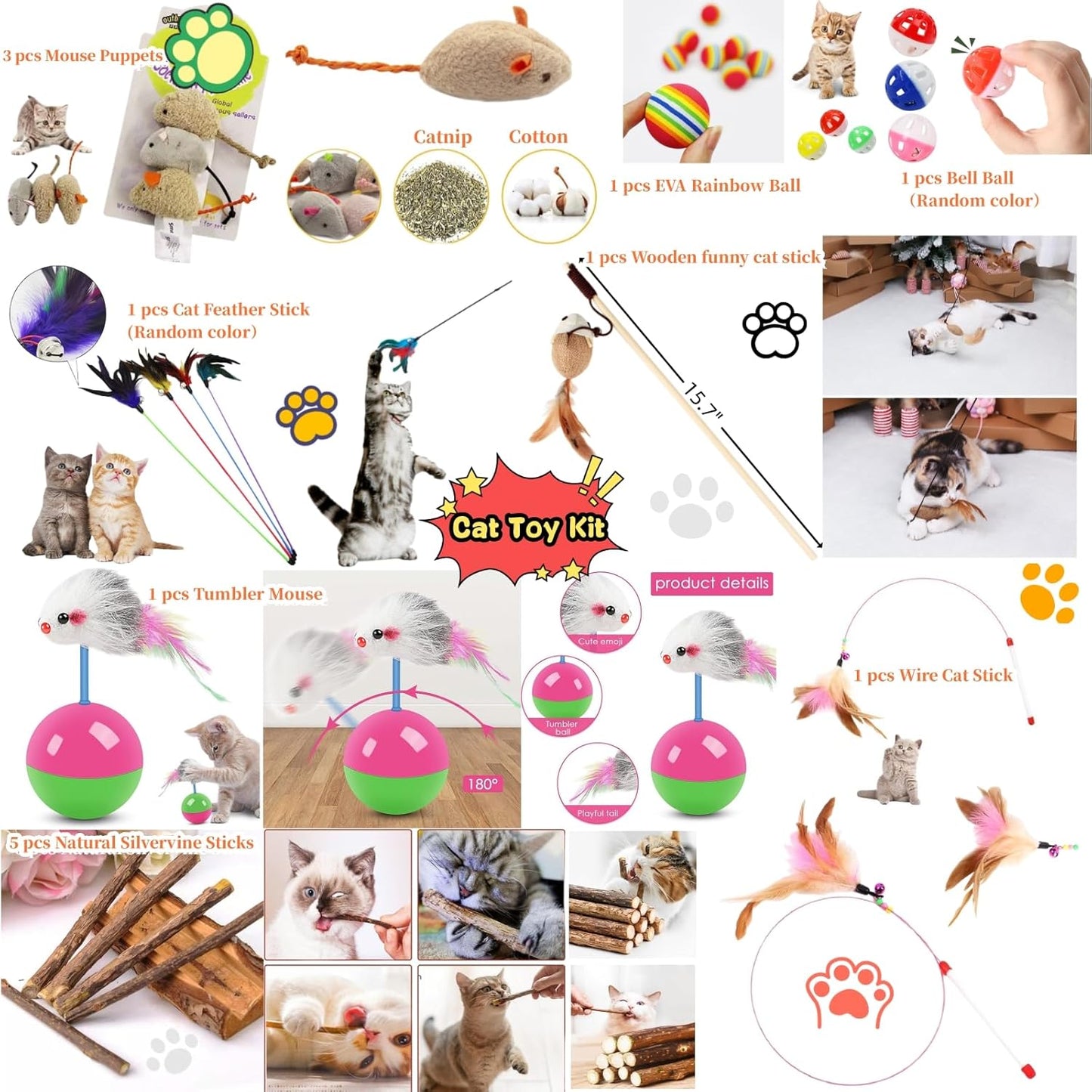 Cat Stuff Cat Starter Kit for Indoor Cats,19 Pieces Set of Kitten Essentials Starter Kit.Includes Cat Litter Box,Toys,Bowls,Grooming Tools and More.Perfect Welcome Home Gift for Your New Kitty