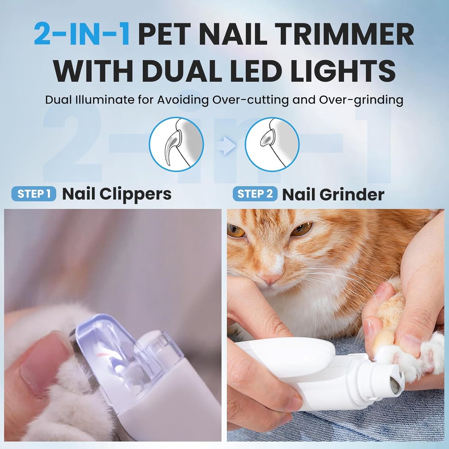 2-In-1 Dog Nail Clippers Dog Nail Grinder Electric Pet Nail Trimmers with 2 LED Lights, Cordless Pet Nail Clippers Battery Rechargeable Quiet Pet Nail Grinder for Dogs, Cats, Large Dogs